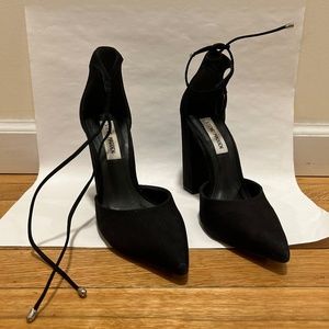 Steve Madden Pointed Toe Block Heels with Ankle Wrap - Black